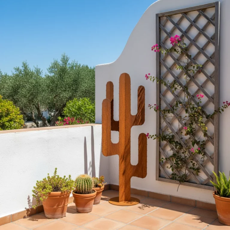 Cactus 4 branches en acier corten sur une terasse – Normandy Steel