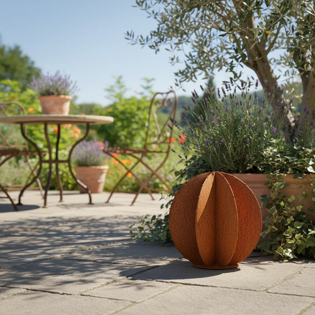 Cactus boule en acier corten dans un jardin – Normandy Steel