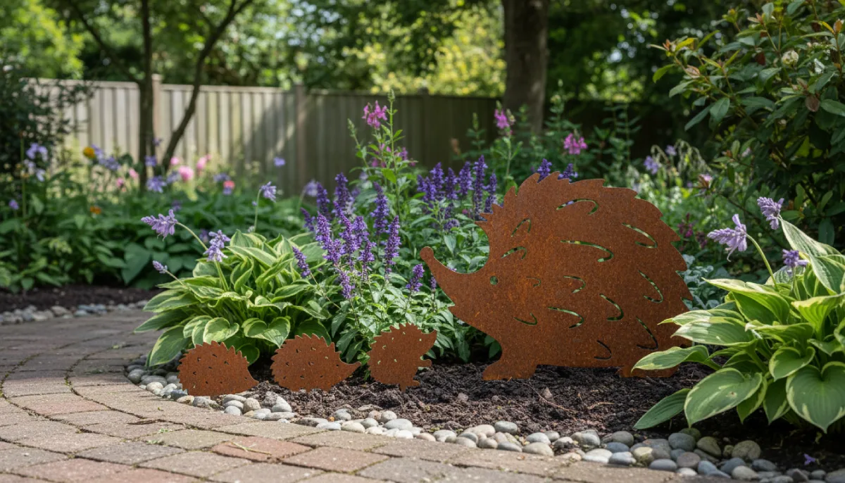 Silhouette d'une famille de hérisson en acier corten en exterieur – Normandy Steel