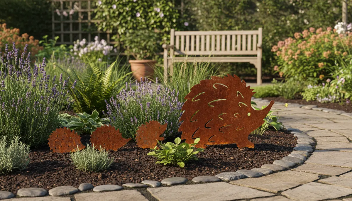 Silhouette d'une famille de hérisson en acier corten dans un jardin – Normandy Steel