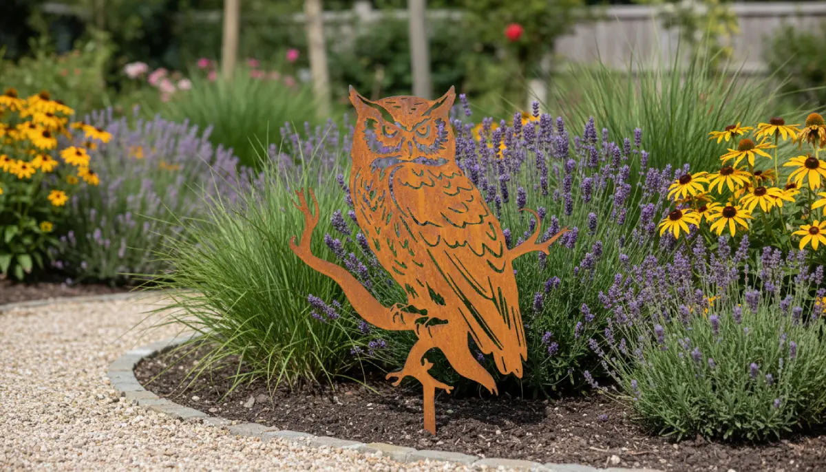 Hiboux-corten-exterieur Silhouette de hiboux en acier corten dans un jardin – Normandy Steel