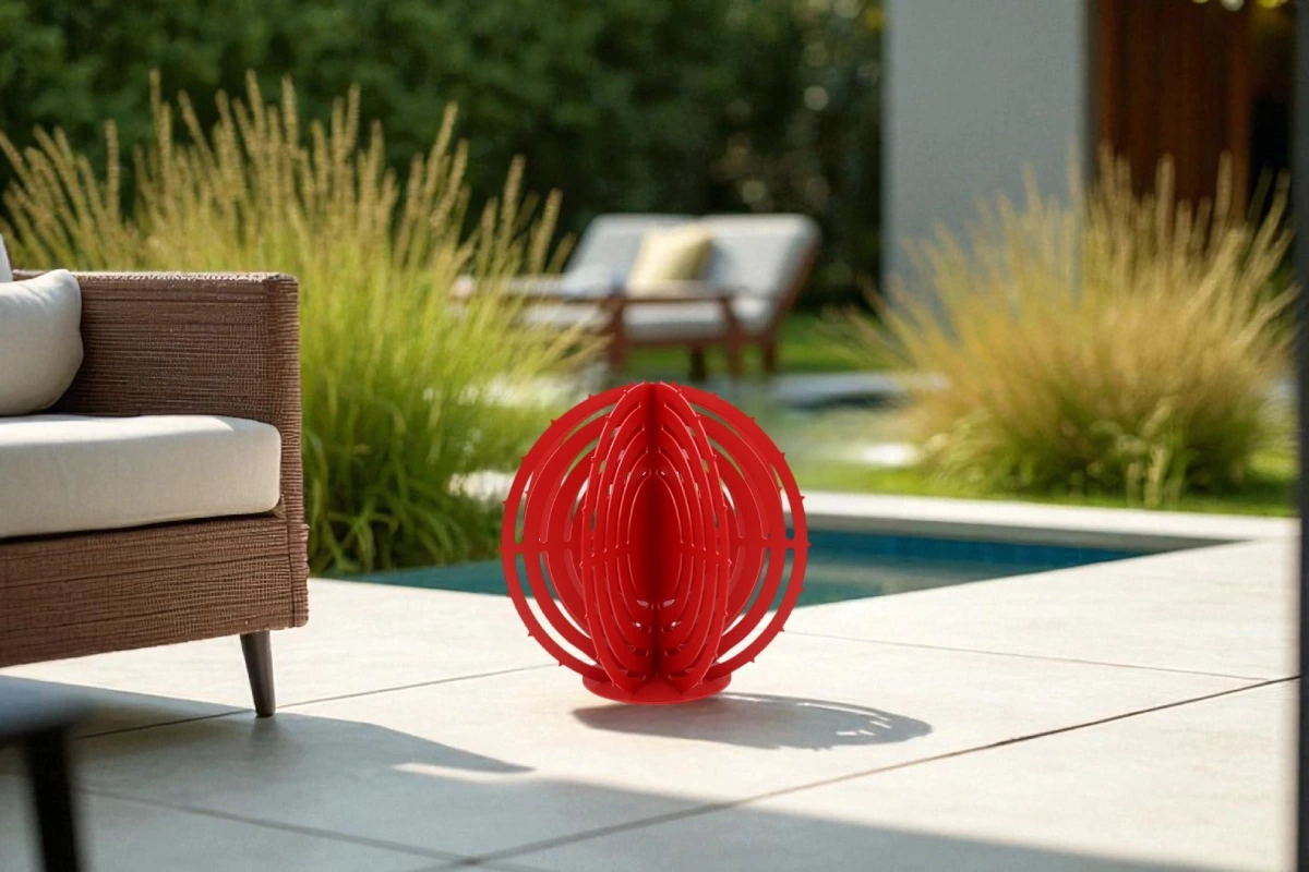 boule-trous-pics-rouge cactus metal boule rouge troué avec pics en exterieur