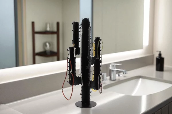 cactus porte bijoux noir dans une salle de bain