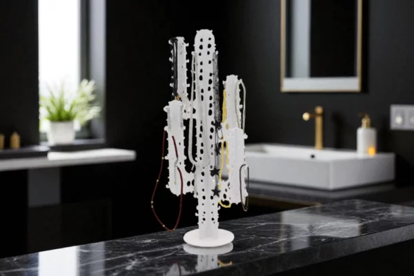 cactus porte bijoux blanc troué dans une salle de bain