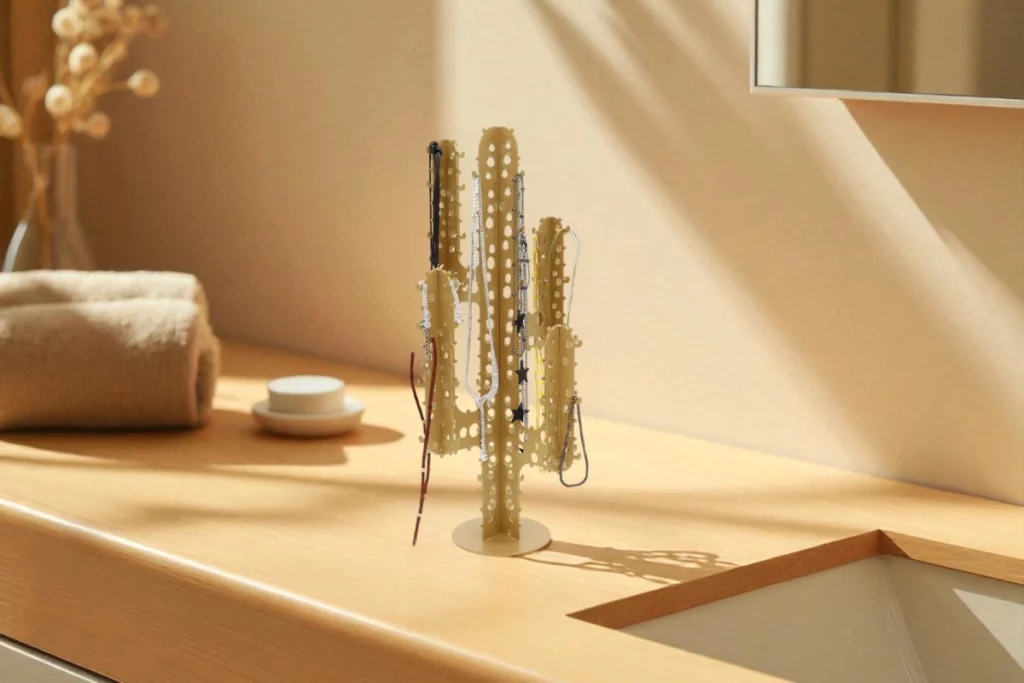 cactus porte bijoux doré troué dans une salle de bain