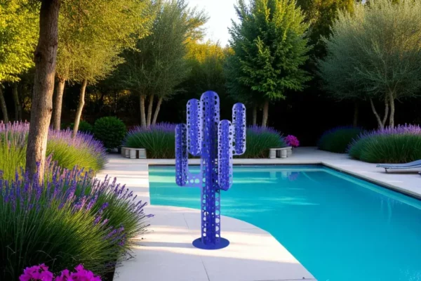 cactus metal 6 branches bleu troué avec pics en exterieur