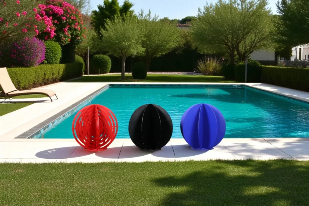 3 cactus en métal en forme de boule autours d'une piscine