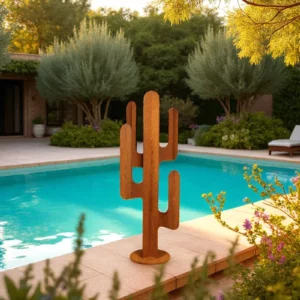 Cactus 4 branches en acier corten au bord d'une piscine