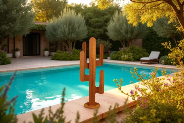 Cactus 4 branches en acier corten au bord d'une piscine