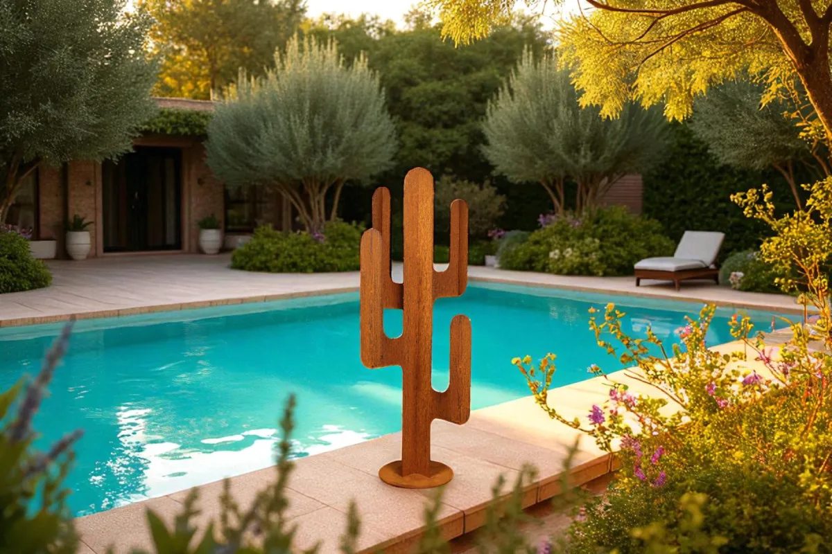 4-pics-corten-exterieur Cactus 4 branches en acier corten au bord d'une piscine