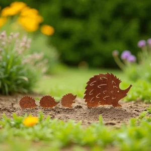 Silhouette d'une famille de hérisson en acier corten dans un jardin