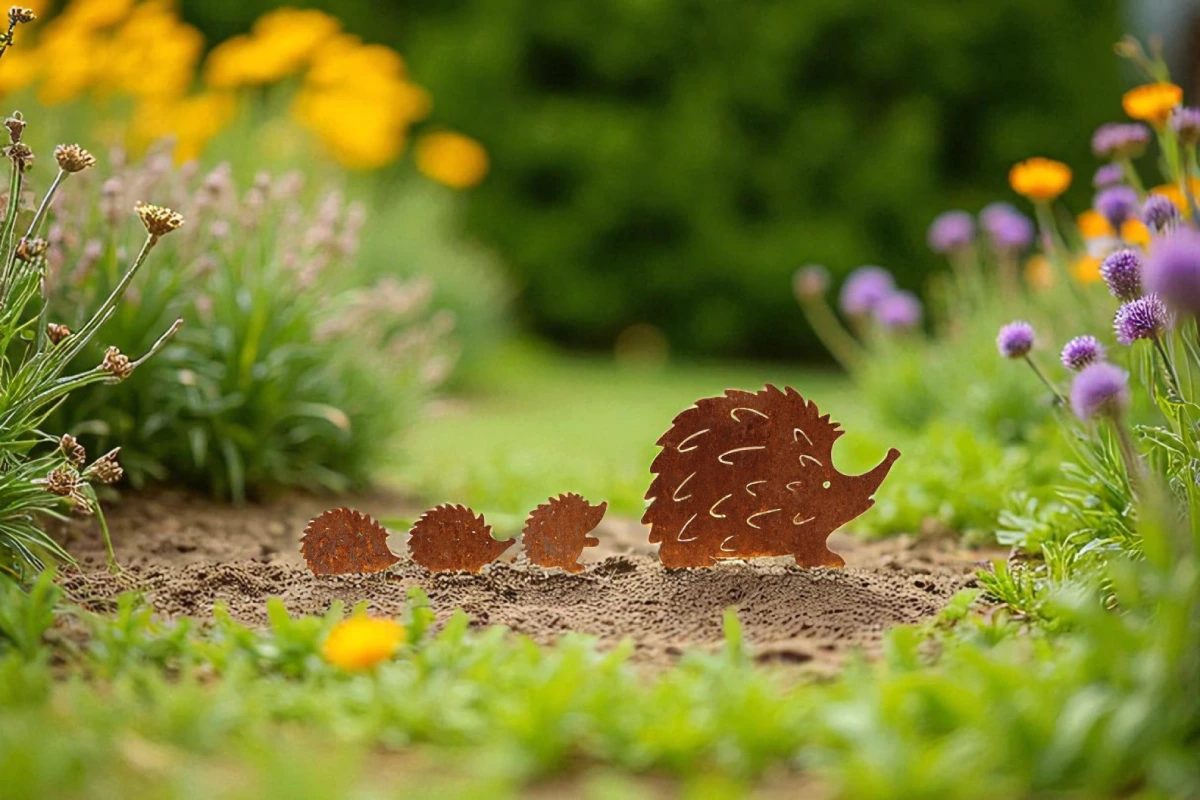 Silhouette d'une famille de hérisson en acier corten dans un jardin
