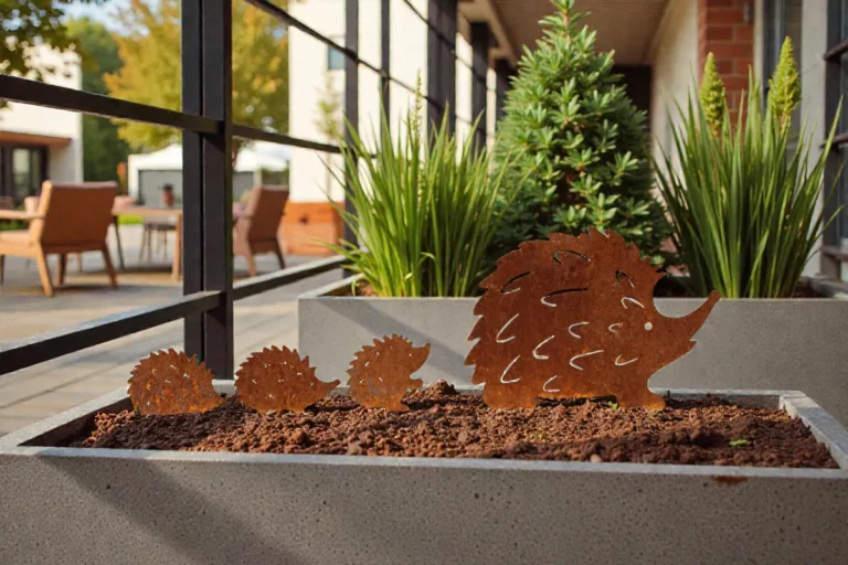 Silhouette d'animal en acier corten représentant une famille de hérison sur une terasse d'appartement – Normandy Steel