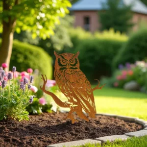 Silhouette de hiboux en acier corten dans un jardin