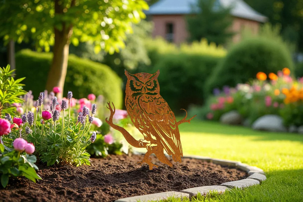 Silhouette de hiboux en acier corten dans un jardin