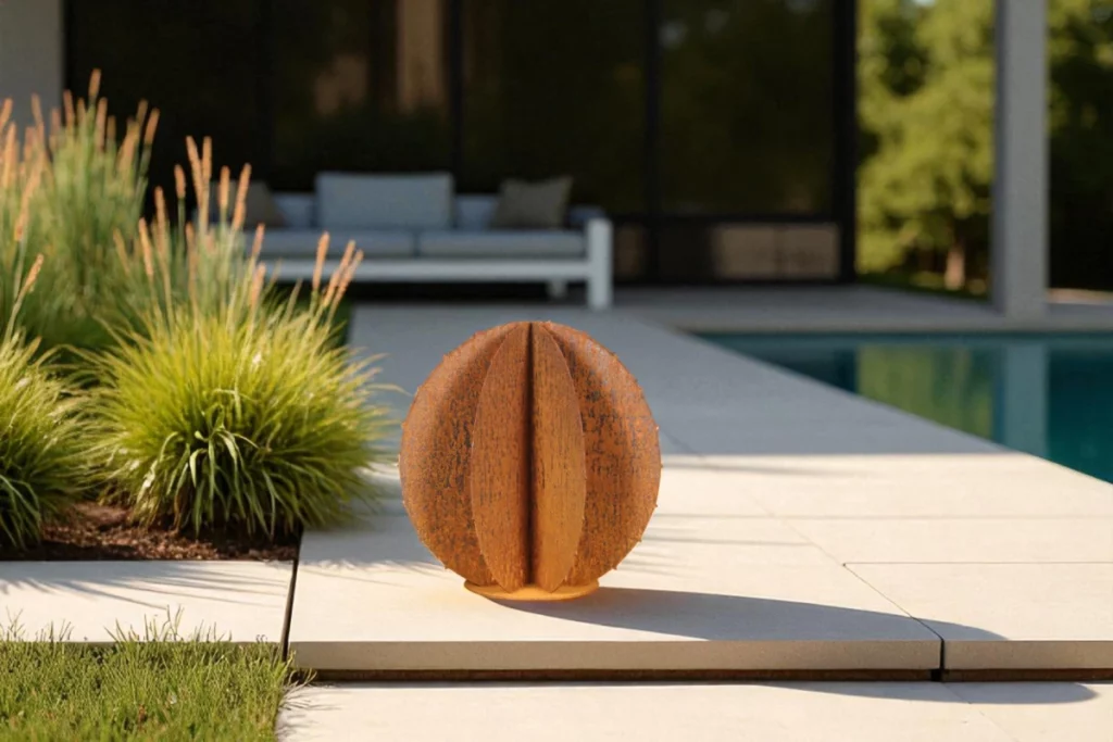 Cactus boule en acier corten sur une terasse