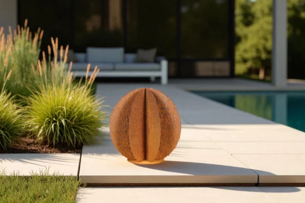 Cactus boule en acier corten sur une terasse