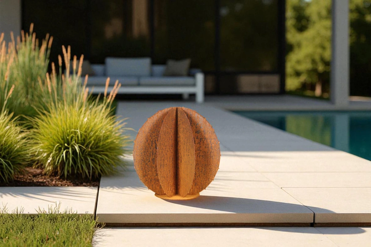 Boule-pics-corten-exterieur Cactus boule en acier corten sur une terasse