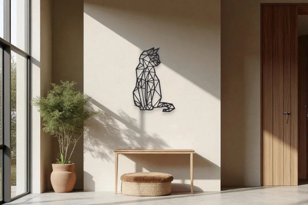 Décoration murale en métal d'un chat noir dans une entrée de maison