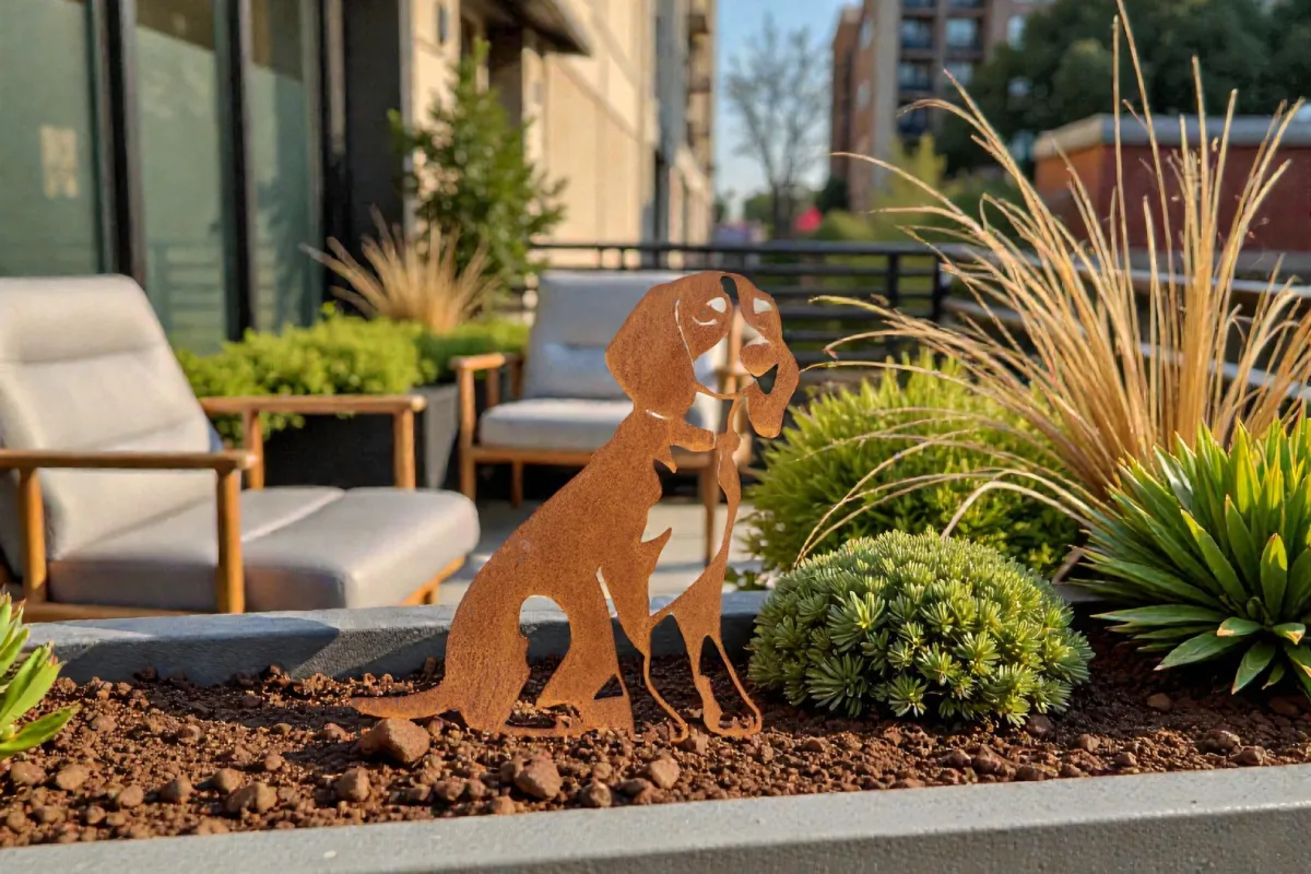 Silhouette d'animal en acier corten représentant un chien sur une terasse d'appartement – Normandy Steel