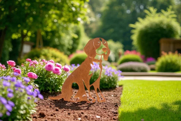 Silhouette d'animal en acier corten représentant un chien dans un jardin