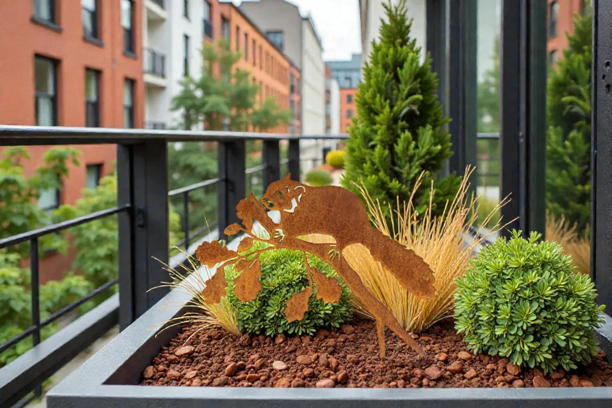 ecureil-corten-appartement Silhouette d'animal en acier corten représentant un écureil sur une terasse d'appartement – Normandy Steel