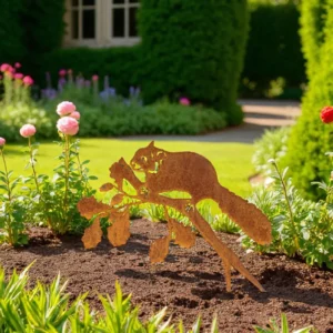 Silhouette d'animal en acier corten représentant un écureil dans un jardin