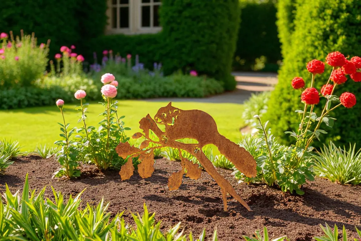 Silhouette d'animal en acier corten représentant un écureil dans un jardin