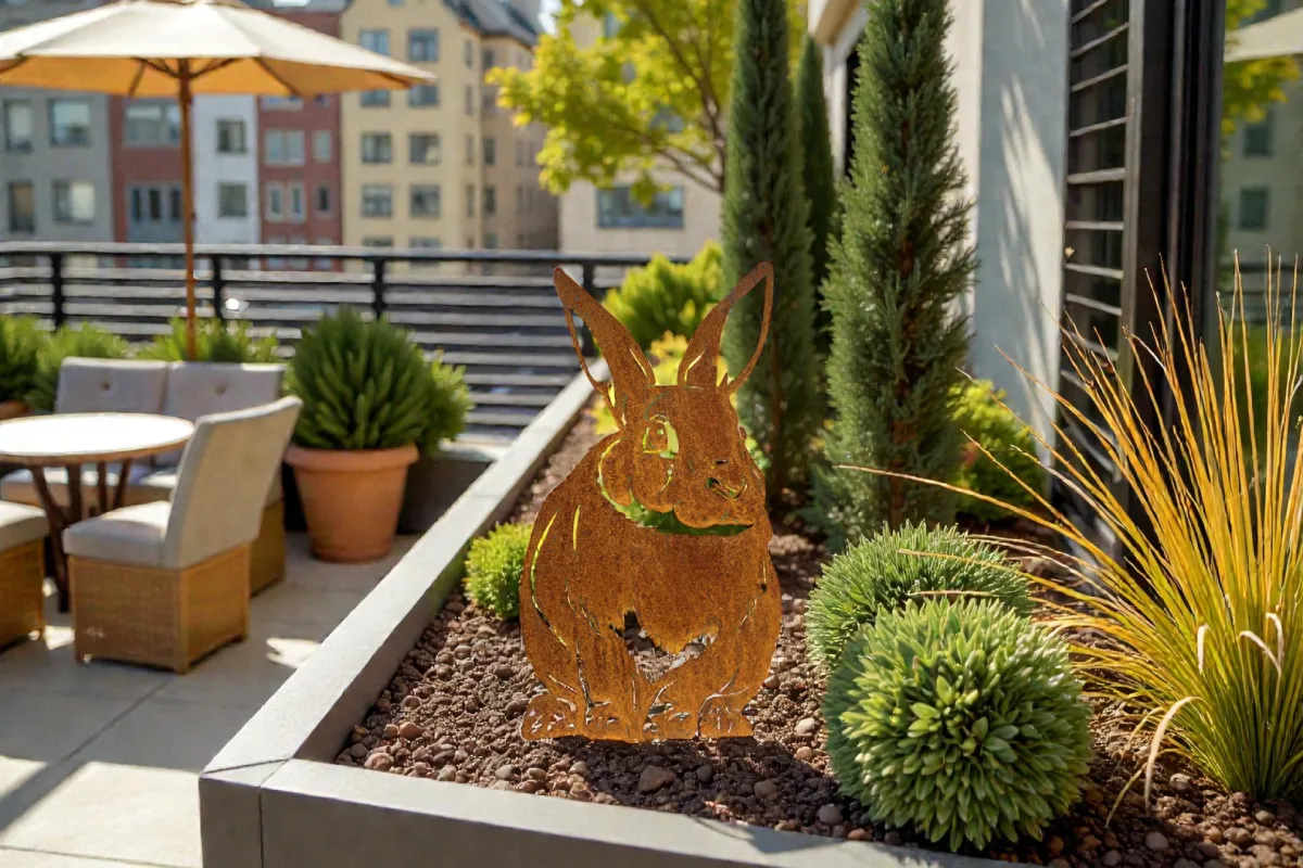 lapin-corten-appartement Silhouette d'animal en acier corten représentant un lapin sur une terasse d'appartement – Normandy Steel
