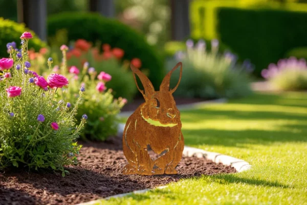 Silhouette d'animal en acier corten représentant un lapin dans un jardin