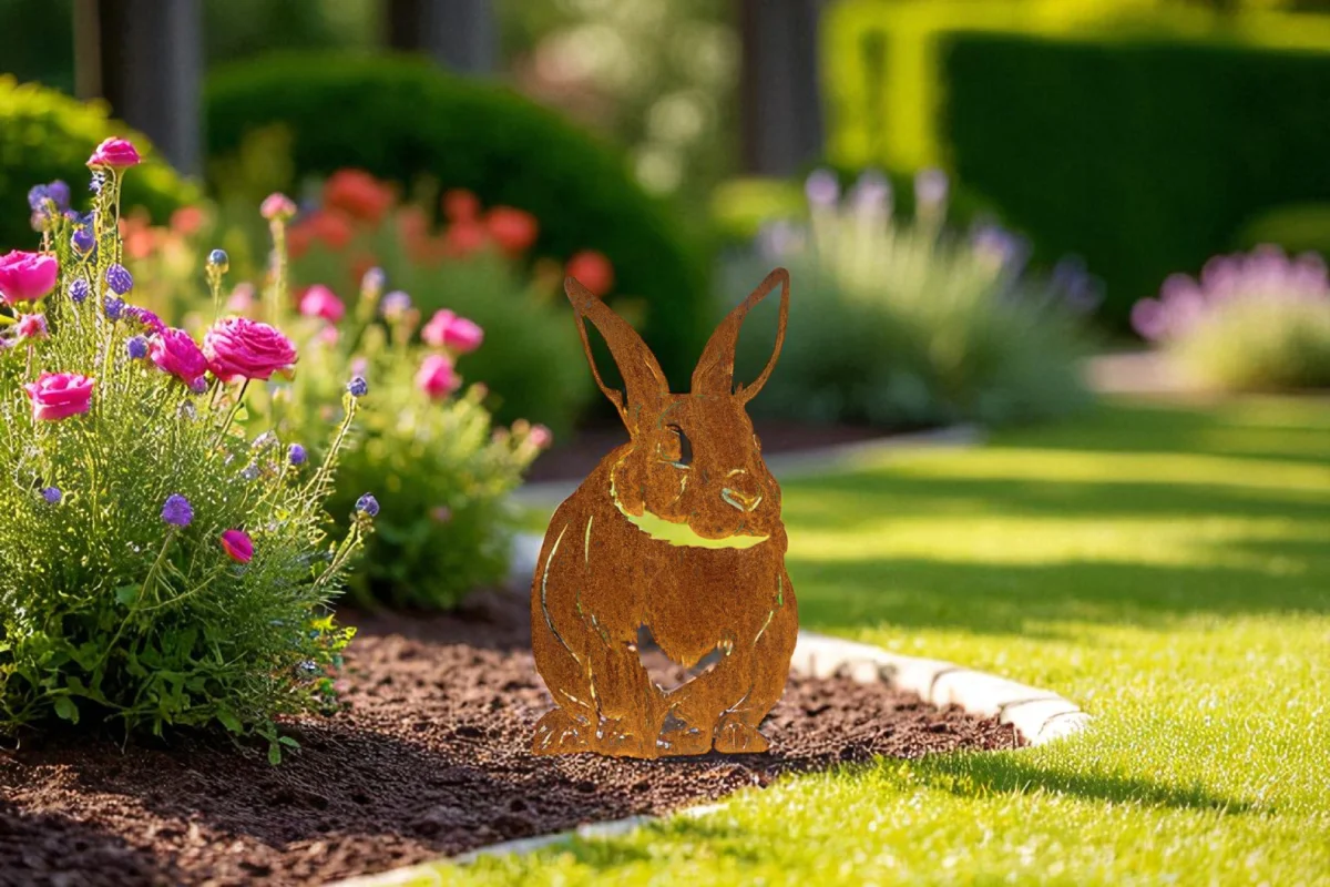 lapin-corten-exterieur Silhouette d'animal en acier corten représentant un lapin dans un jardin