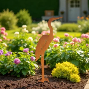 Silhouette d'animal en acier corten représentant un héron dans un jardin