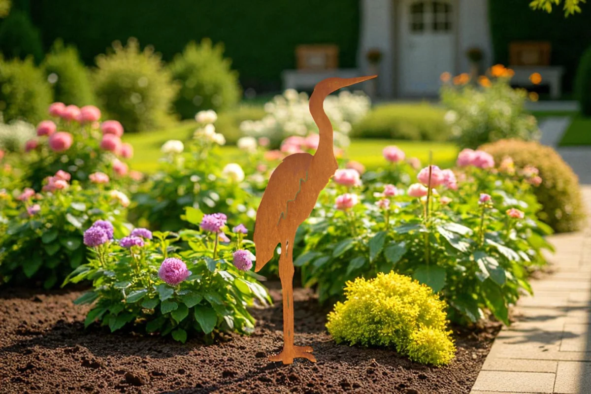 Silhouette d'animal en acier corten représentant un héron dans un jardin