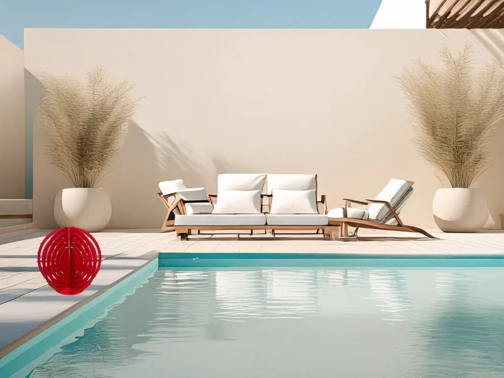 cactus boule perforé et épineux au bord d'une piscine