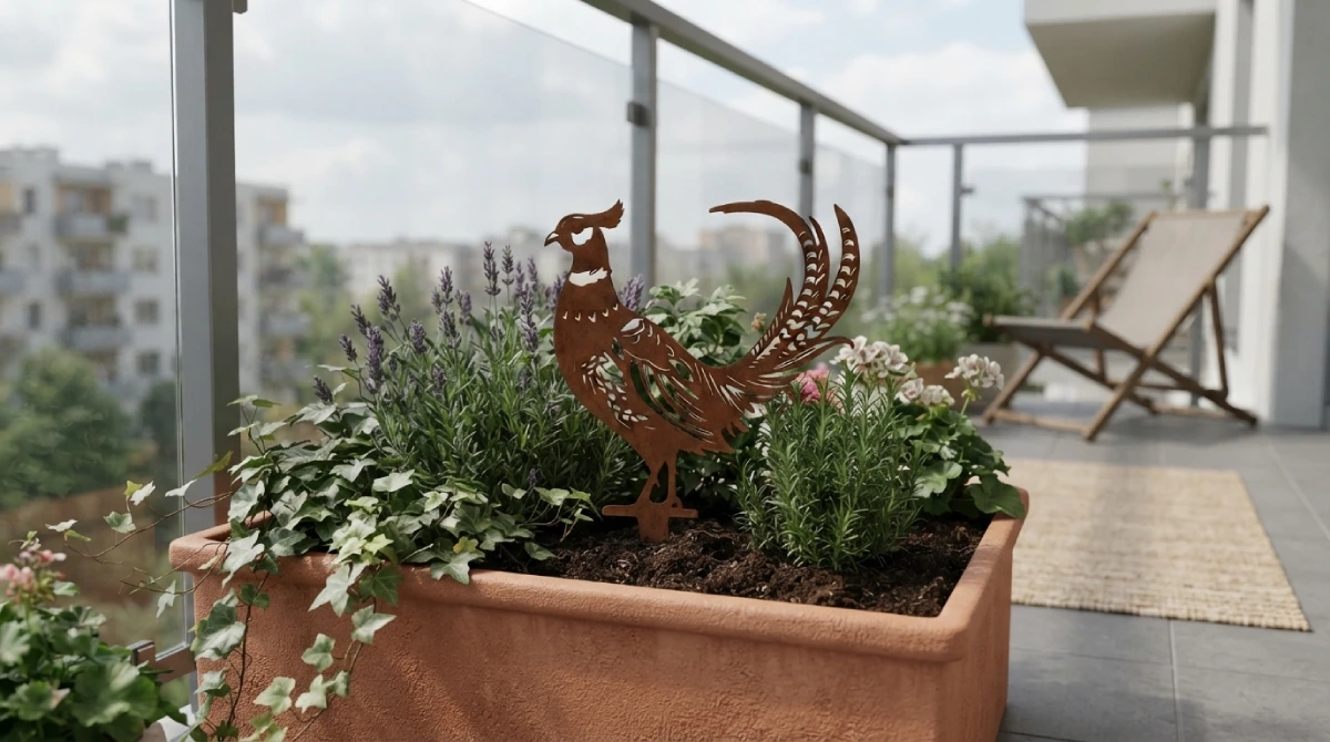 faisan-corten-balcon Silhouette d'animal en acier corten représentant un Faisan sur un balcon – Normandy Steel