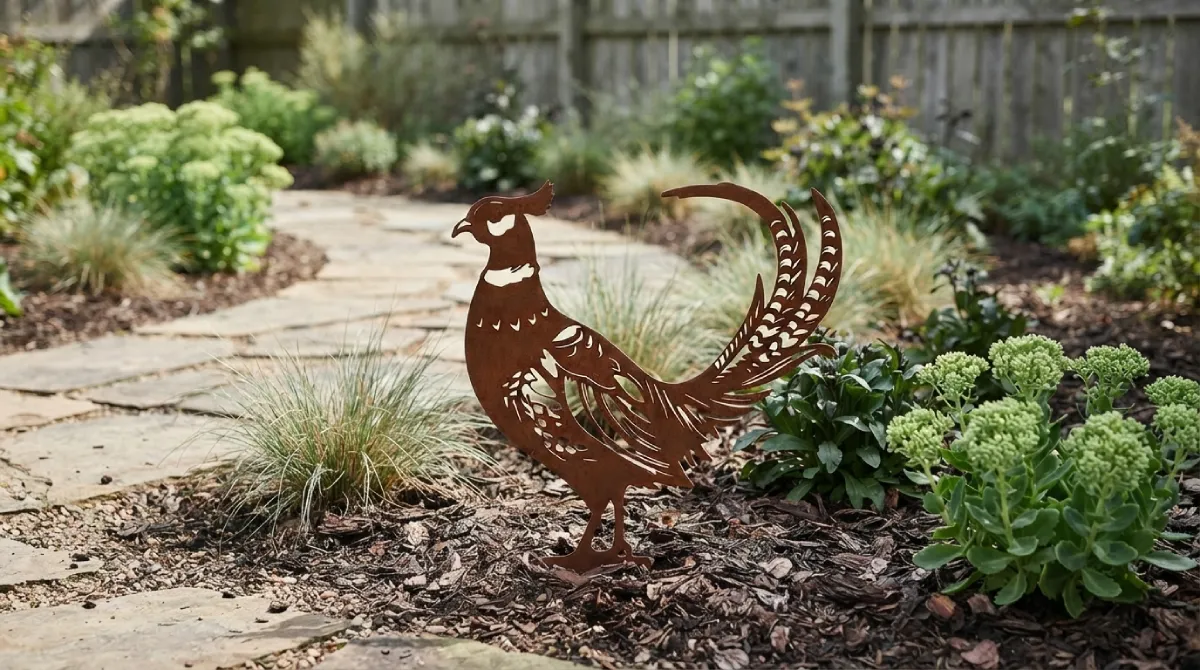faisan-corten-exterieur Silhouette d'animal en acier corten représentant un Faisan dans un jardin – Normandy Steel