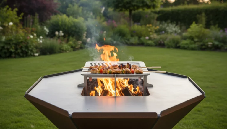 Brasero acier corten avec socle de rangement bois et kit barbecue brochettes en cuisson sur grille