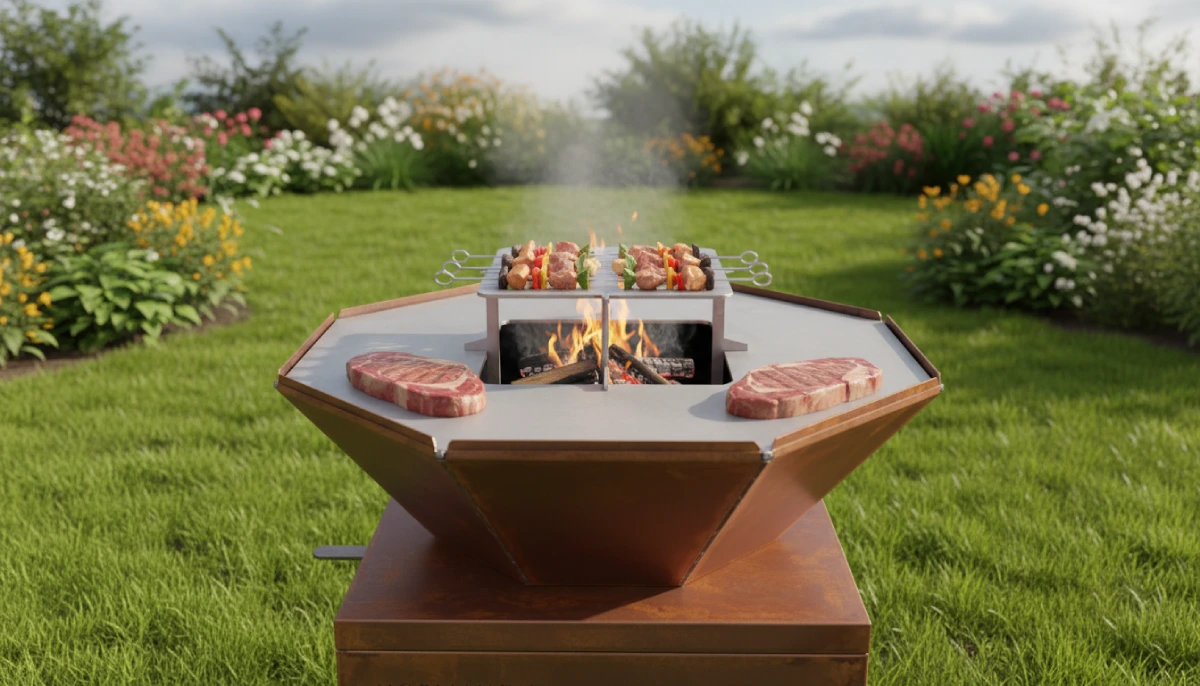 Brasero en acier corten avec kit barbecue brochettes et viande en cuisson sur la grille