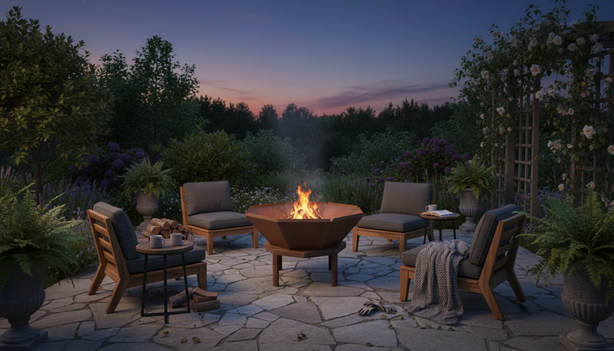 Brasero en acier corten sur terrasse de nuit avec feu allumé ambiance chaleureuse extérieur