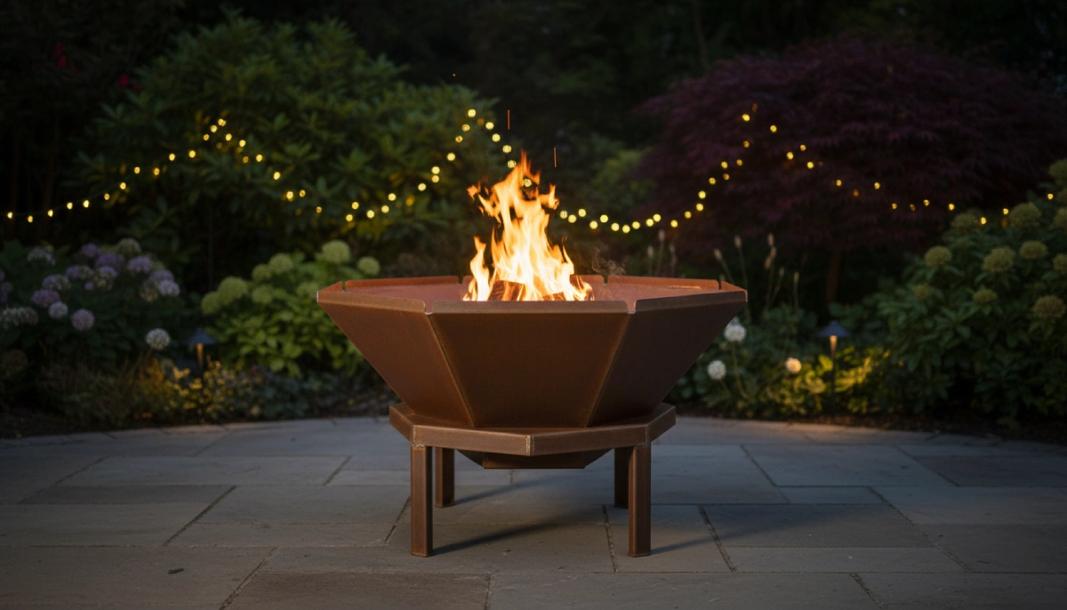 Brasero en acier corten allumé sur terrasse de nuit ambiance feu extérieur chaleureux