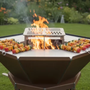 Brasero acier corten avec des brochettes en cuisson sur plancha