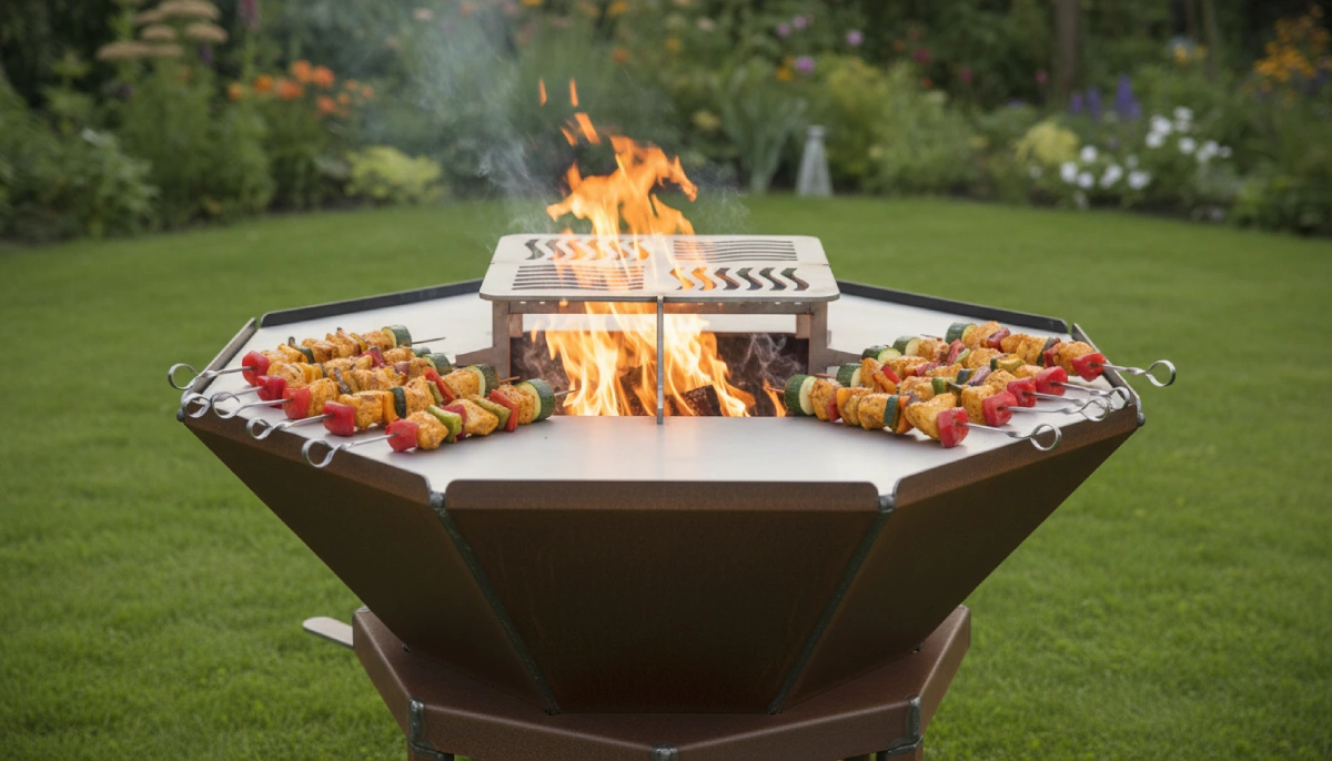 Brasero acier corten avec des brochettes en cuisson sur plancha
