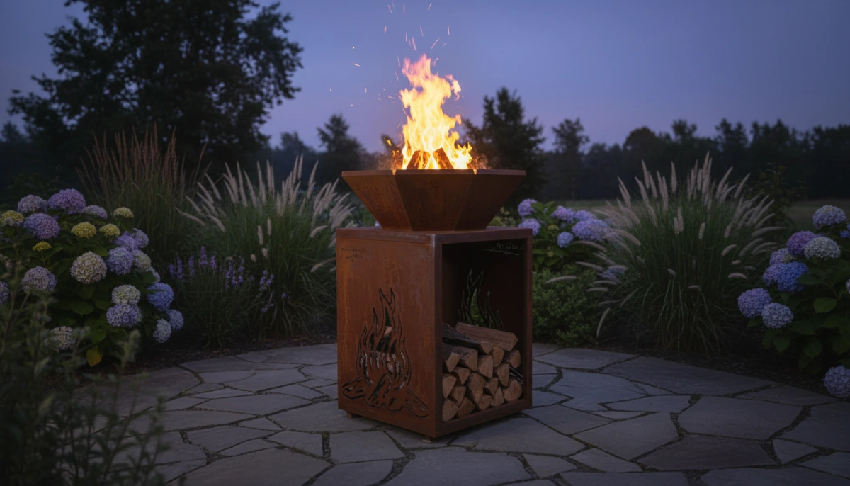 Brasero acier corten avec feu allumé et espace de rangement bois intégré dans jardin ambiance crépusculaire