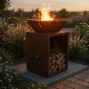 Brasero en acier corten allumé dans jardin au crépuscule avec bois stocké dans le rangement intégré
