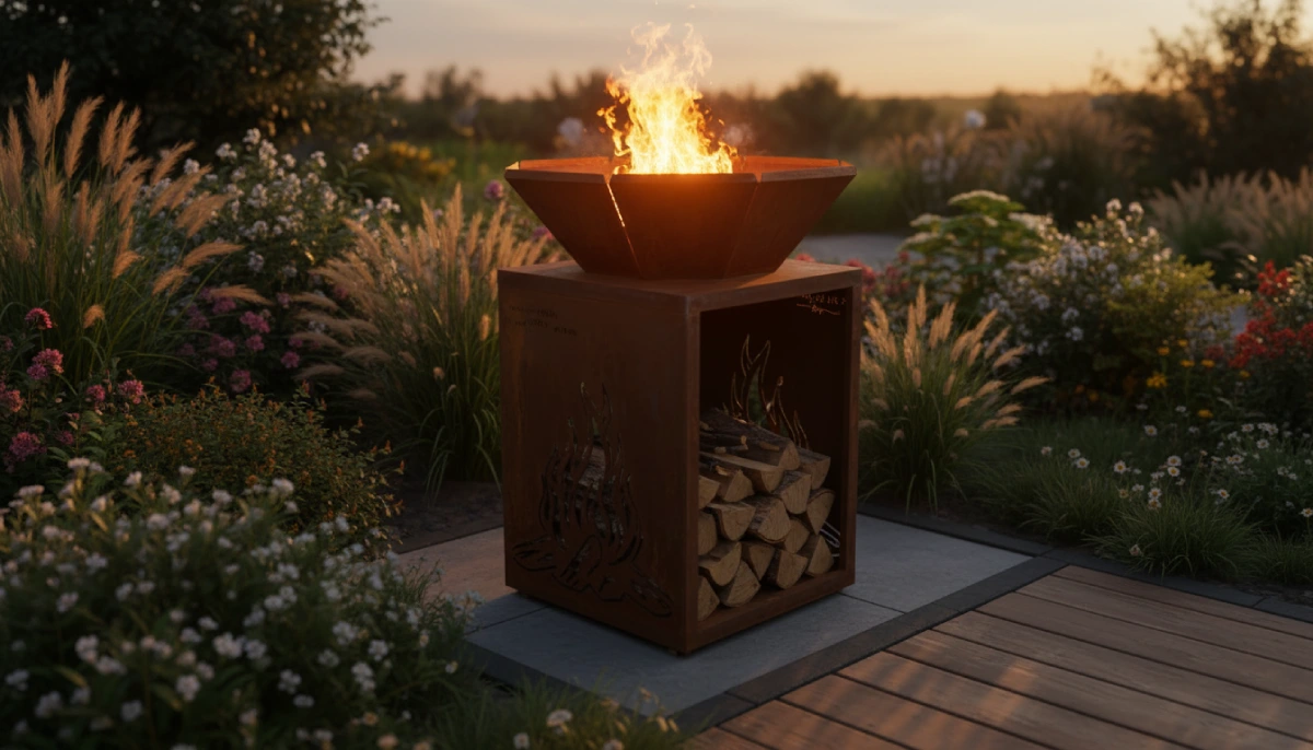 Brasero en acier corten allumé dans jardin au crépuscule avec bois stocké dans le rangement intégré