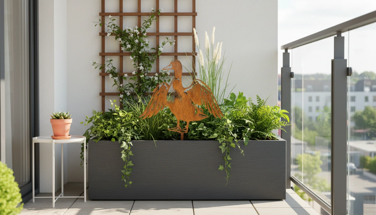 Silhouette d'animal en acier corten représentant un canard sur une terasse d'appartement – Normandy Steel