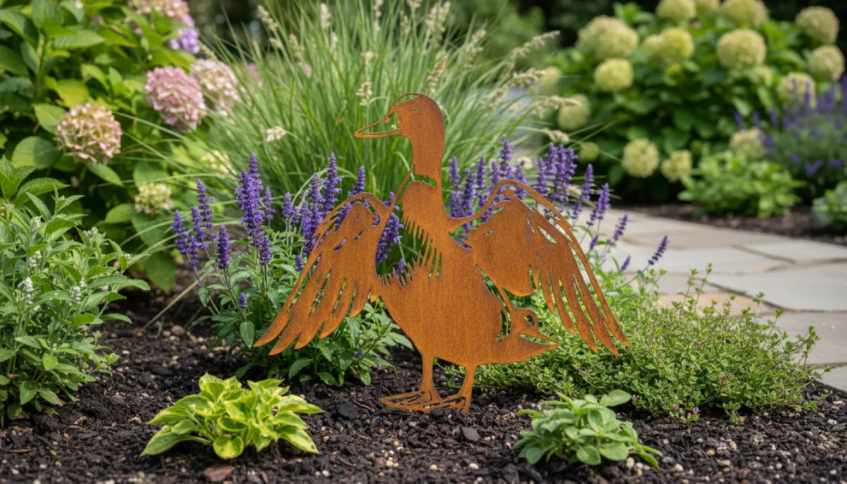 Silhouette d'animal en acier corten représentant un canard dans un jardin – Normandy Steel
