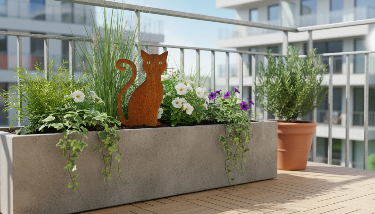 Silhouette d'animal en acier corten représentant un chat sur une terasse d'appartement – Normandy Steel