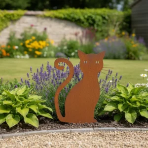 Silhouette d'animal en acier corten représentant un chat dans un jardin – Normandy Steel