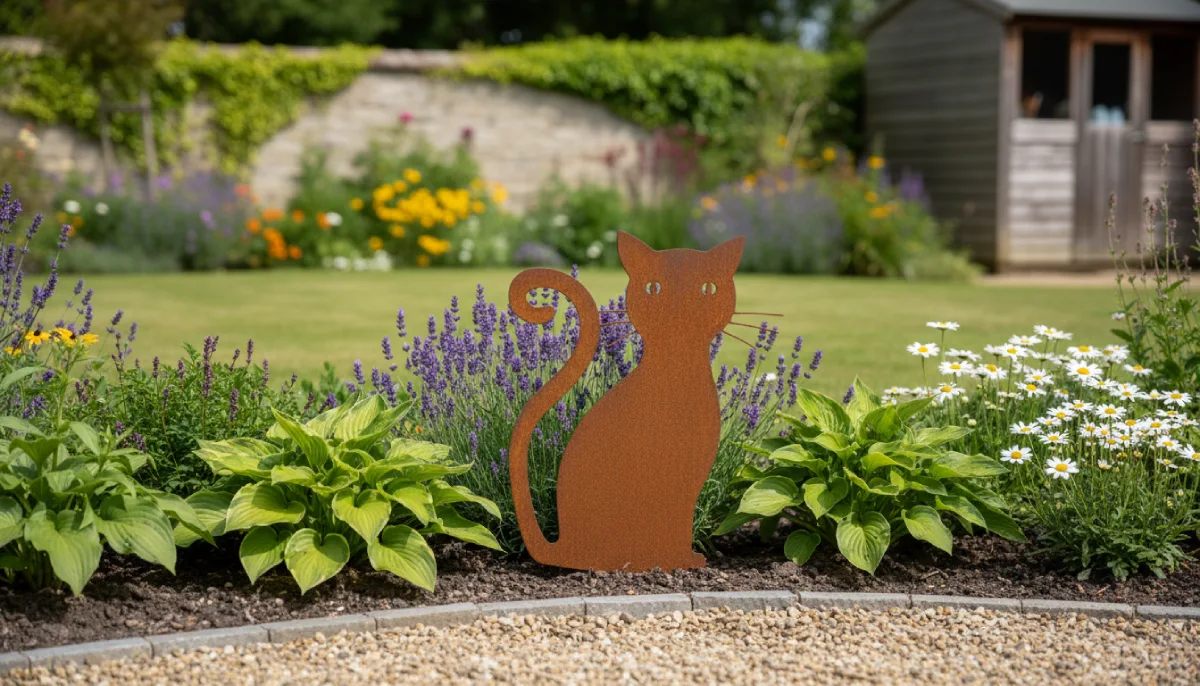 Silhouette d'animal en acier corten représentant un chat dans un jardin – Normandy Steel